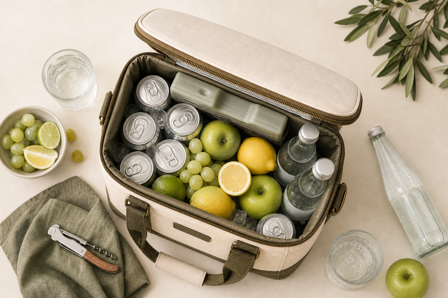 Camp & Cask Cooler Bag No. 01 packed with drinks and fruit
