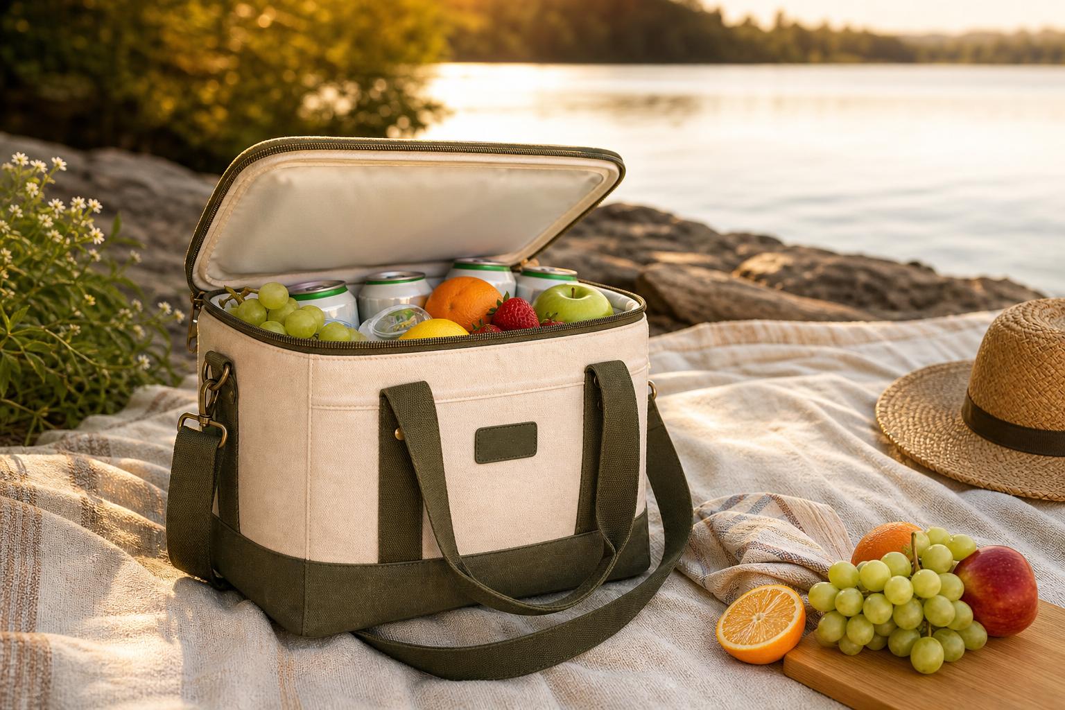 Camp & Cask Cooler Bag No. 01 open by the lake